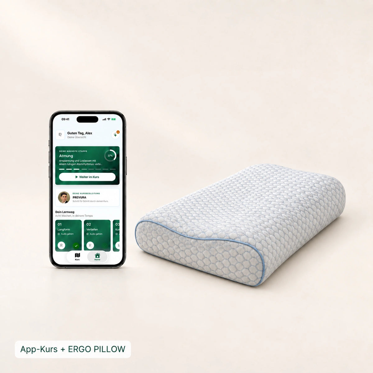 PREVURA App-Kurs mit ERGO PILLOW – Kissen in der Form und Materialdarstellung der Produktgalerie