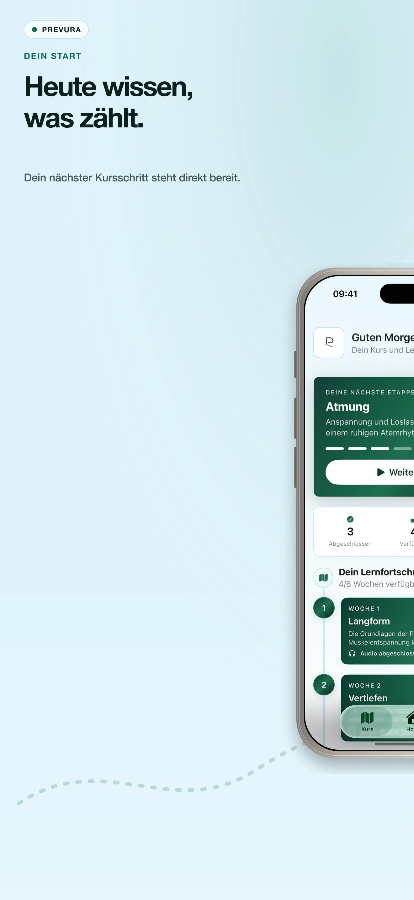 Native PREVURA SwiftUI-Startseite mit einem über zwei Store-Screens geführten Kurs-iPhone