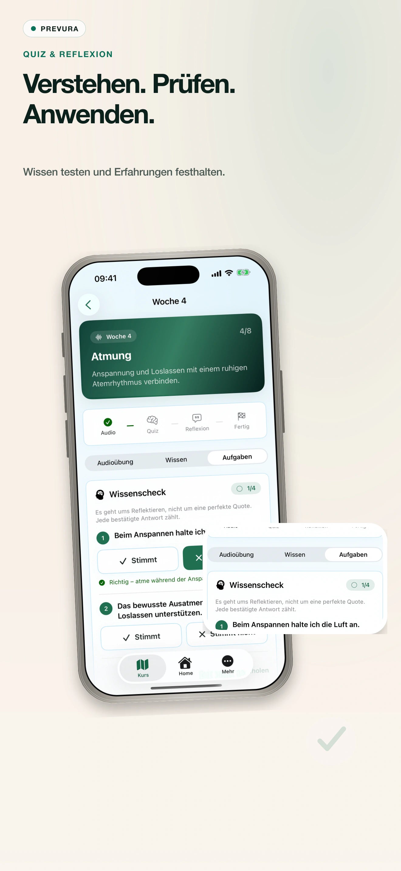 Native PREVURA SwiftUI-Aufgabenansicht mit einem gezielten Wissenscheck-Detail