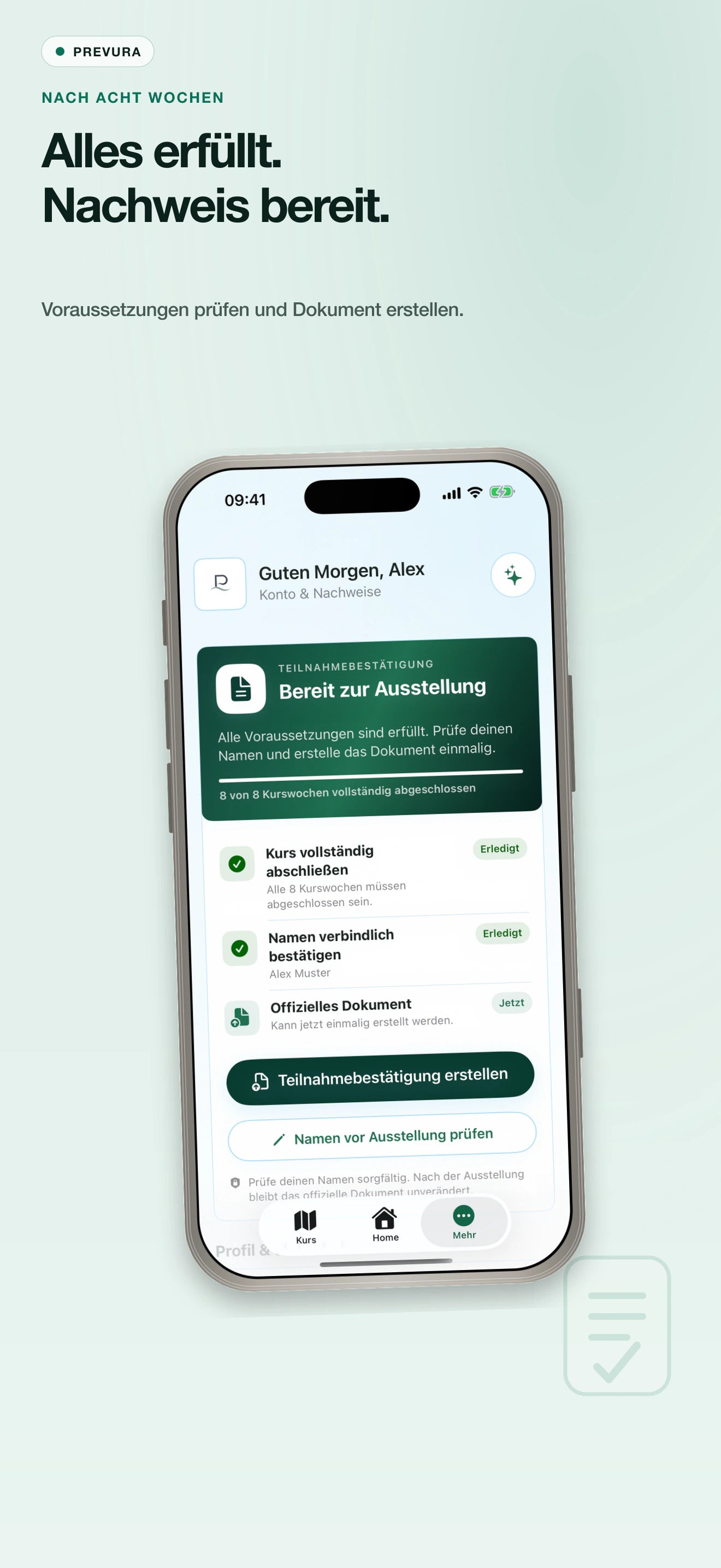 Native PREVURA SwiftUI-Teilnahmebestätigung bereit zur Ausstellung