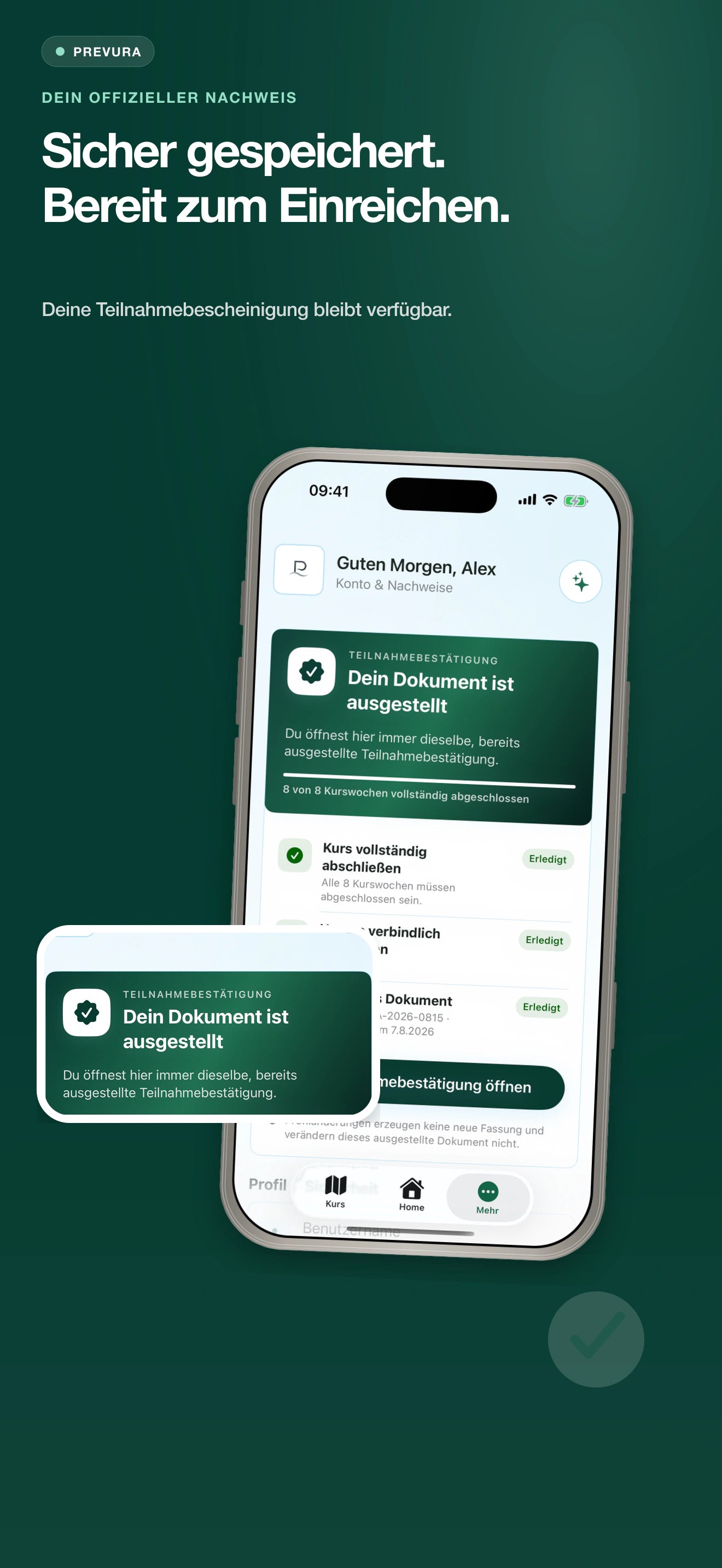 Native PREVURA SwiftUI-Ansicht der ausgestellten Teilnahmebestätigung mit einem gezielten Status-Detail