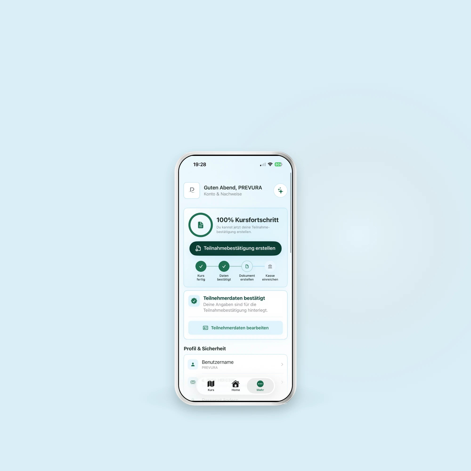 Kursstatus und Teilnahmebescheinigung in der PREVURA App