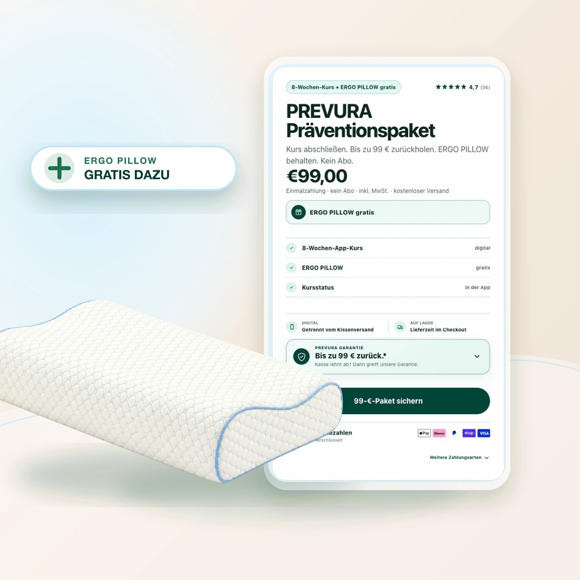 Bestellung des PREVURA App-Kurses mit ERGO PILLOW