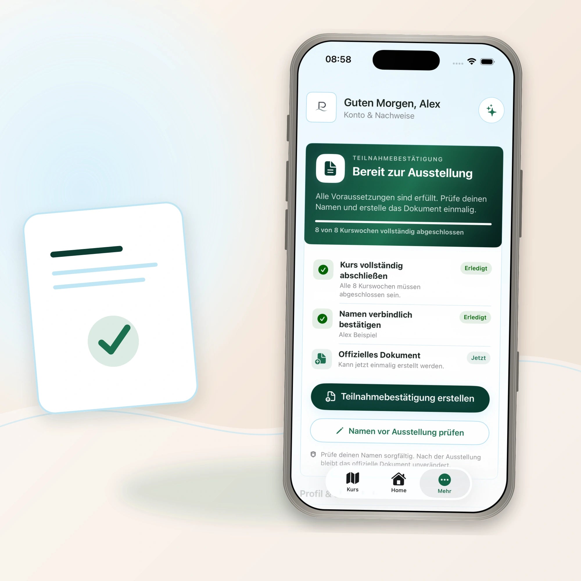 Teilnahmebescheinigung bereit zur Ausstellung in der nativen PREVURA SwiftUI-App
