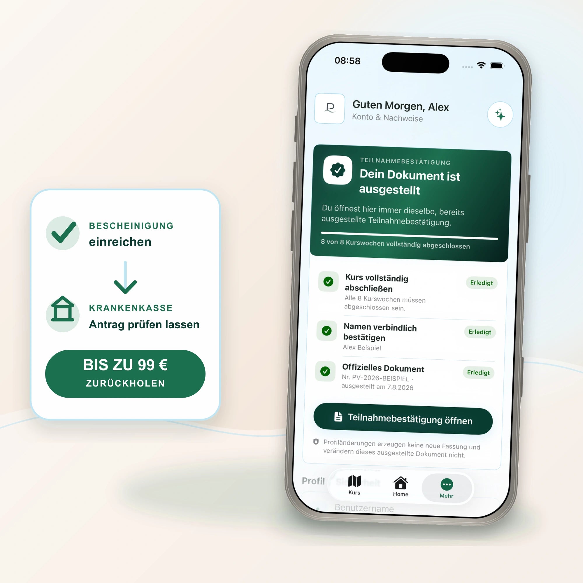 Ausgestellte Teilnahmebescheinigung in der PREVURA App, bereit zur Einreichung bei der Krankenkasse