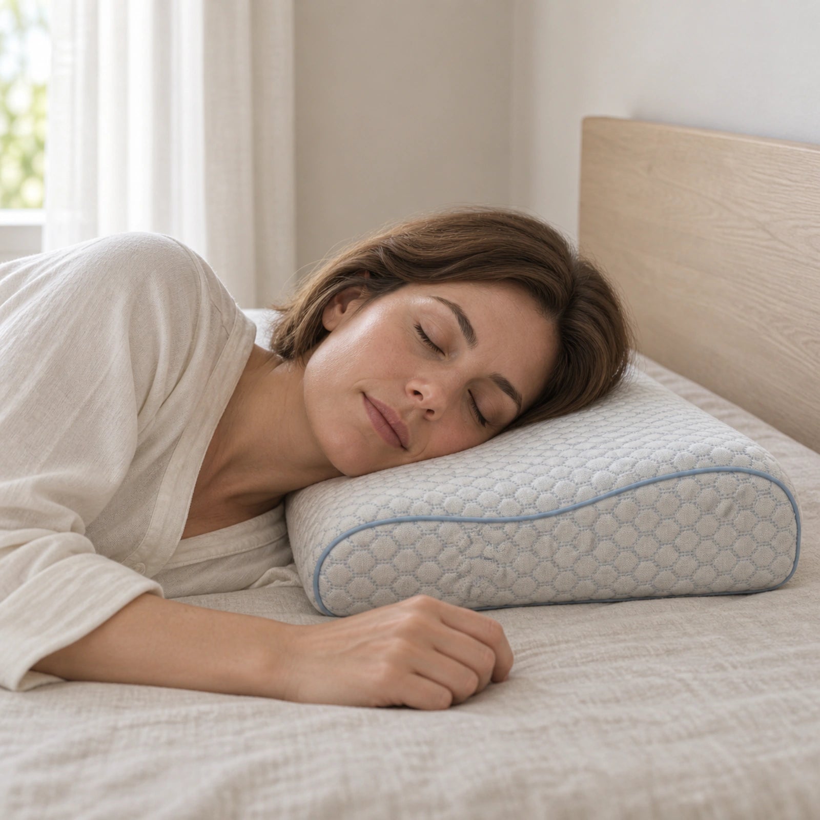 Schlankes ERGO PILLOW in Seitenlage in einem ruhigen Schlafzimmer